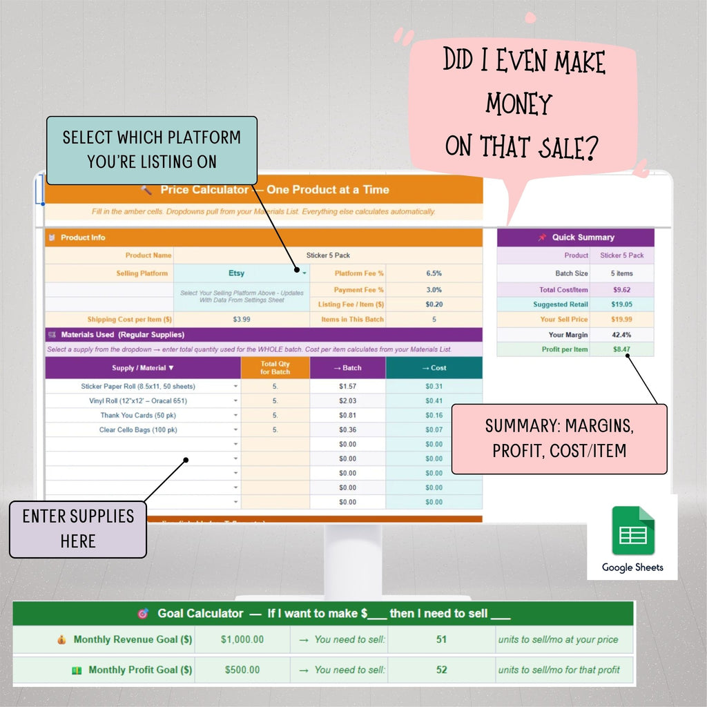 Craft Business Pricing Spreadsheet | Google Sheets Calculator (Digital Download)